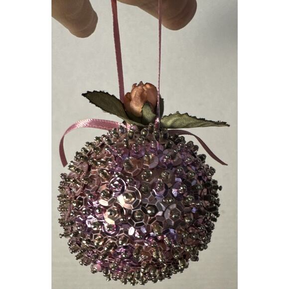 2” Vintage Pink Sequin Christmas Ball With Rose Embellishment - Picture 4 of 6
